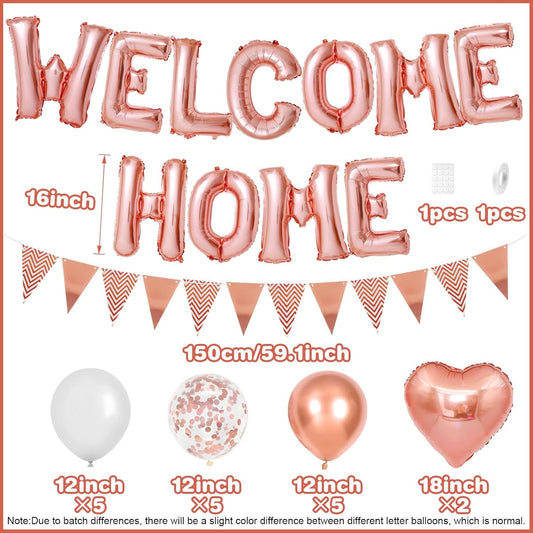 Welcome Home Decorations Rose Gold,Welcome Home Foil Balloon Banner with Rosegold Heart Balloons Pennant Flag Bunting for Housewarming Baby Shower Home Family Party Supplies
