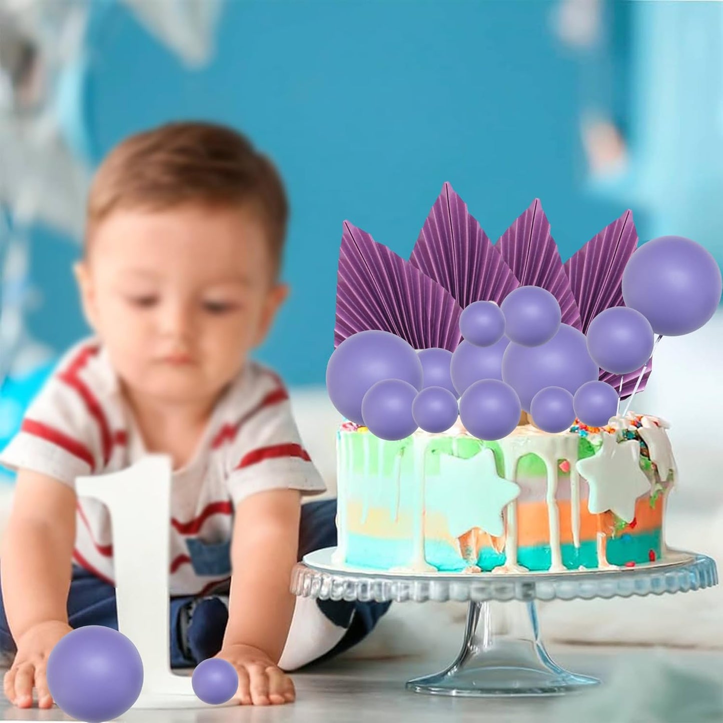 Ephlyn 28Pcs Paper Palm Fan Cake Topper Balls Cake Pick Wedding Bridal Shower DIY Cake Decorations for Baby Shower Wedding Birthday Anniversary Party Supplies Purple