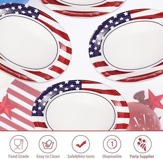 50Pcs Patriotic Oval Paper Plates 10" X 12" Large Heavy Duty American Flag Red Blue and White Plates 4th/Fourth of July Dessert Platters for President Election Memorial Independence Day Supplies