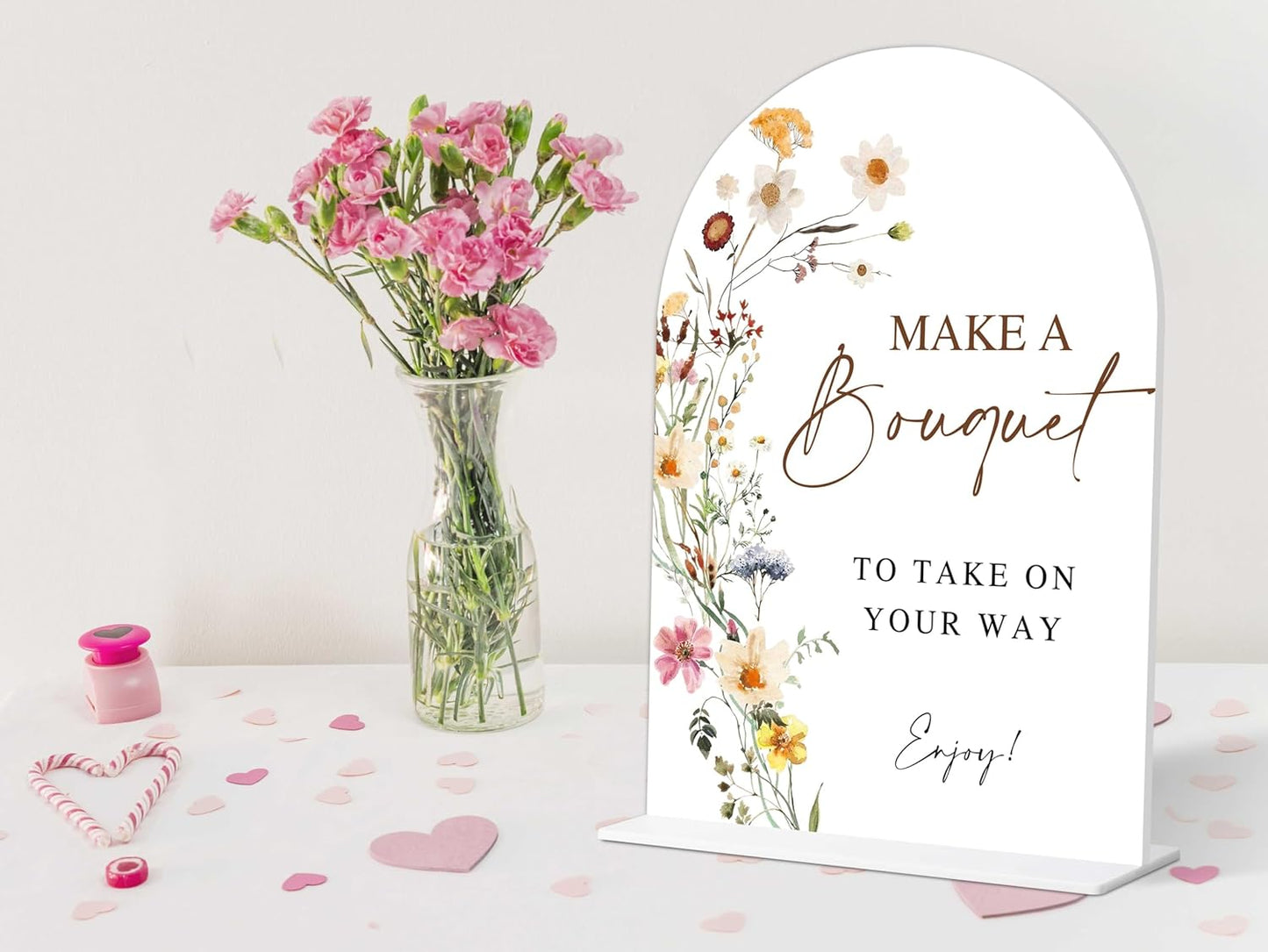 Make A Bouquet Sign, Flower Style Bridal Shower Sign for Wedding, Engagement, Bridal Shower and Reception, Bridal Shower Decorations, Wedding Shower Favors, 6X8 Inch Acrylic Arch Sign with Stand,2