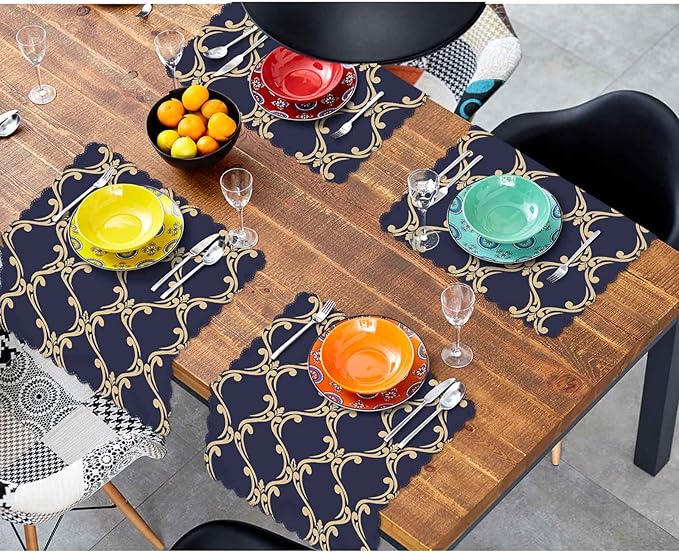 Yibeas Baroque, Damask Cloth Napkins Set of 4 Soft Gold and Blue-Black Ornament Polyester Dinner Napkin for Family Restaurant Weddings Parties 18 x 18 inch