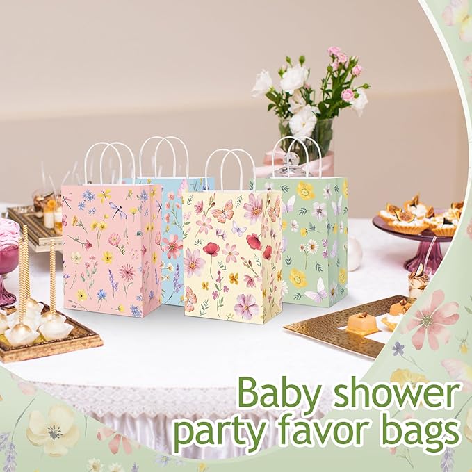 Gaillty 24 Pcs Floral Paper Gift Bags Flower Butterfly Goodie Bags with Handles Wildflower Wedding Welcome Bag for Wedding Bridal Shower Engagement Baby Shower Birthday Spring Tea Party Supplies