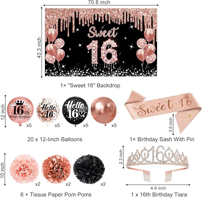 Sweet 16 Party Decorations – 16th Birthday Decorations Backdrop, Banner, Honeycomb Centerpieces, Hanging Swirls, Foil & Latex Balloon, Cake & Cupcake Toppers, Sash, Pom Poms