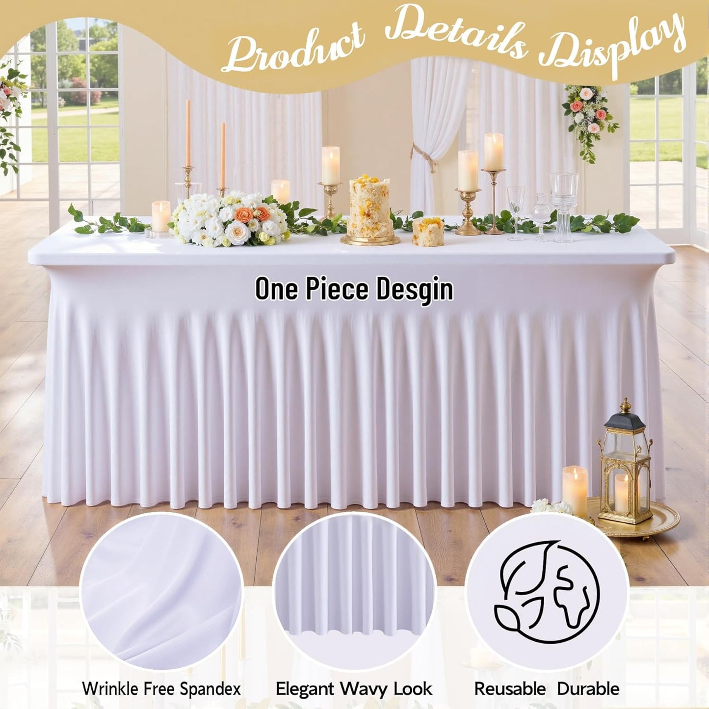 leegleri 4 Pack White Spandex Fitted Table Clothes for 5 Foot Rectangle Tables, Wrinkle Free 5ft Spandex Table Cover with Skir-for Banquet Weddings Parties