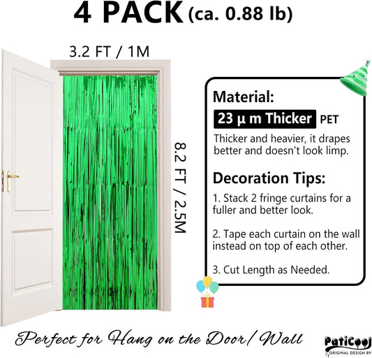 Football Party Decorations Green Streamers - Thicken 4 Pack 3.2 x 8.2 FT - Tinsel Foil Fringe Curtains Party Backdrop for Birthday, Dinosaur, Jungle, Christmas, Golf Party Decorations