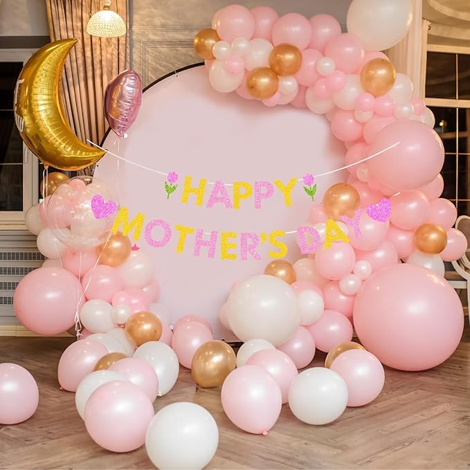 Happy Mother's Day Banner Set Decoration for Mother's Day Party Decorations Backdrop Garland for Mom Mother's Day Glitter Garland Photo Props (Pink Tulip Heart)