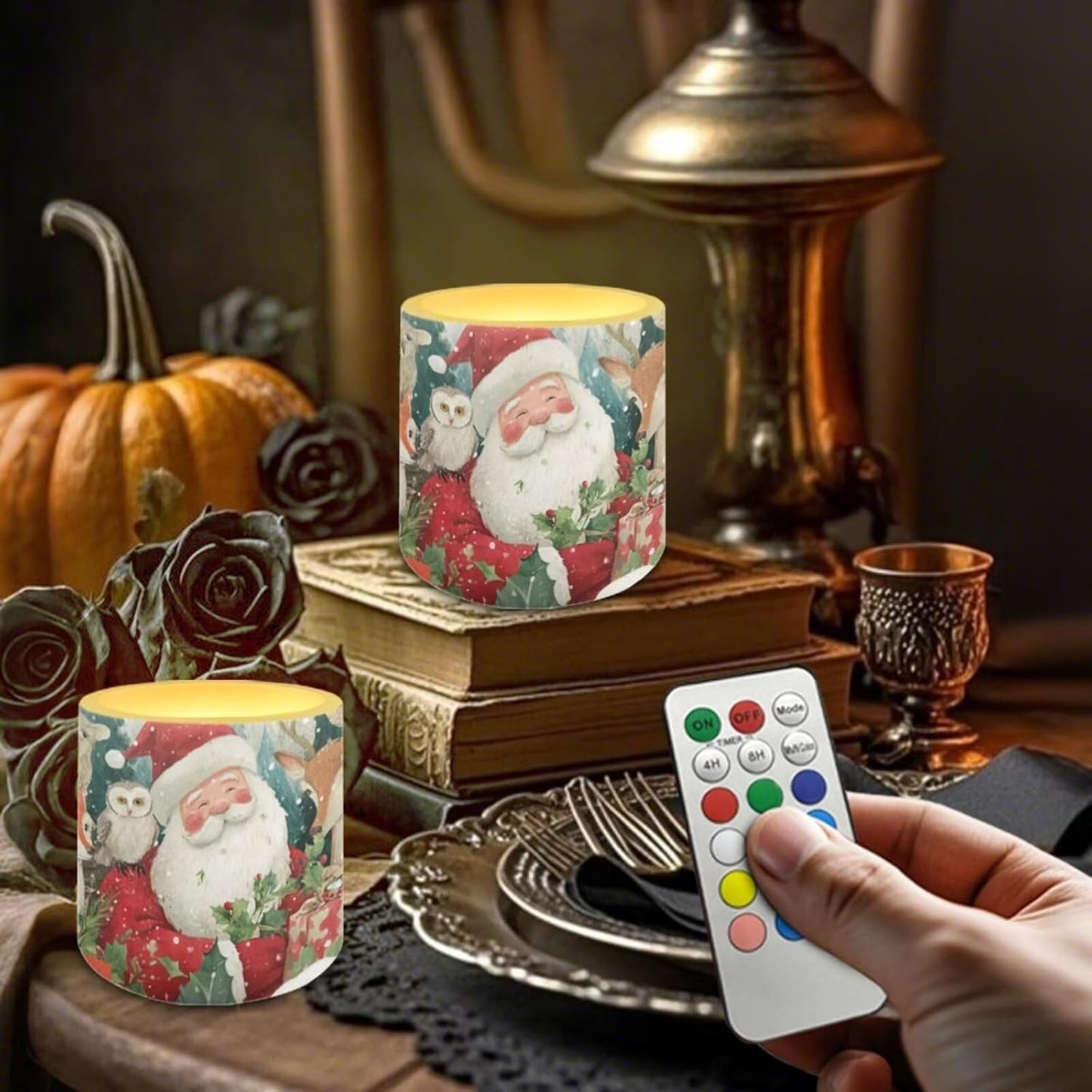 Poceacles 4 Pack Christmas Flameless LED Candles Remote Control Flickering LED Pillar Candles Battery Operated, Timer Multi-Color Options Tea Lights, Santa Claus Owl Reindeer Fox Animal Pattern