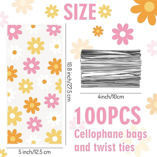 Whaline 100Pcs Groovy Daisy Cellophane Bags with Silver Twist Ties Retro Hippie Boho Party Treat Bag Colorful Flower Plastic Goodie Bags for Daisy Flower Birthday Baby Shower Wedding Party Favor
