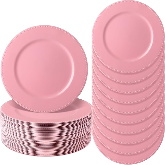 Jinei 36 Pack Pink Charger Plates 13 Inch Plastic Beaded Round Charger Plates Wedding Table Decoration Reusable Dinner Plate Tray for Birthday Party Holiday Event