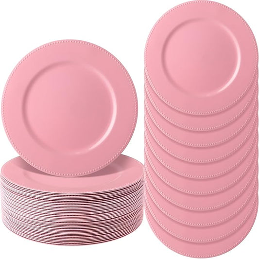 Jinei 36 Pack Pink Charger Plates 13 Inch Plastic Beaded Round Charger Plates Wedding Table Decoration Reusable Dinner Plate Tray for Birthday Party Holiday Event
