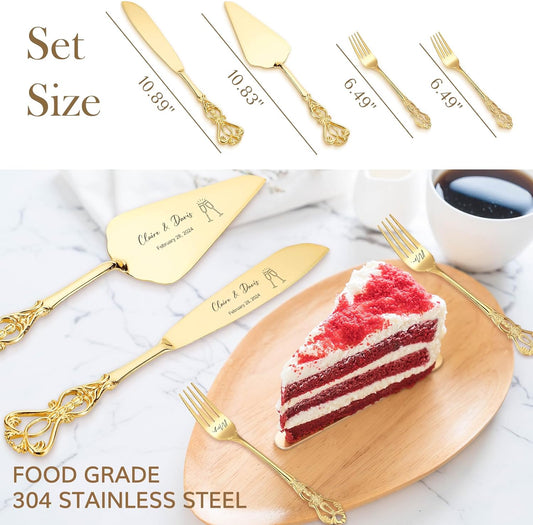 Personalized Wedding Cake Knife and Server Set Engraved Gold Cake Cutter Server Forks Custom Cake Cutting Set for Wedding Anniversary Engagement Birthday Gifts
