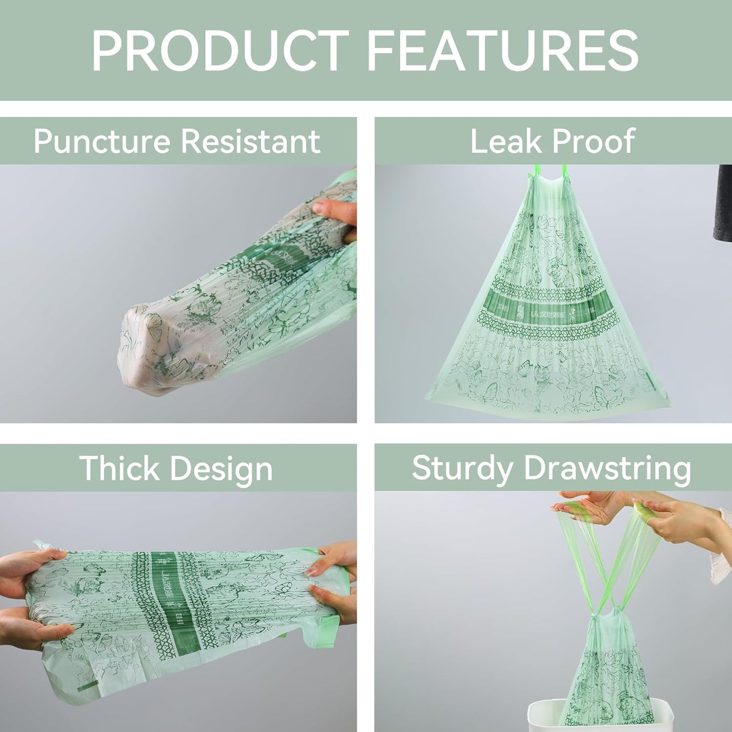 4 Gallon Drawstring Trash Bag 217 Count Mugwort Scented Bathroom Garbage Bags Small Single Sided Print Trash Can Liner for Bathroom, Bedroom, Office