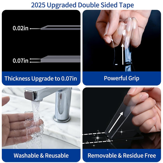 Double Sided Tape Heavy Duty 2 Rolls Removable Nano Tape for Poster Carpet Picture Hanging Strip Rug Strong Adhesive Multipurpose Clear Mounting Two Stick Sided DIY Tape (40FT)
