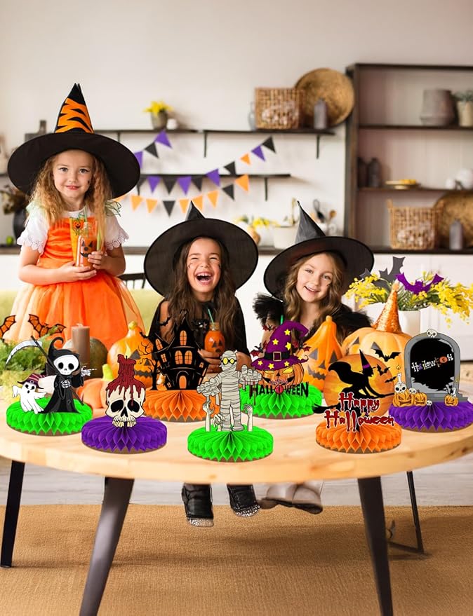 Halloween Table Decorations – 9Pcs Honeycomb Centerpieces for Table Featuring Pumpkin, Ghost, Cat, Castle, Tombstone,Spooky Decor for Kids Birthday and Halloween Party