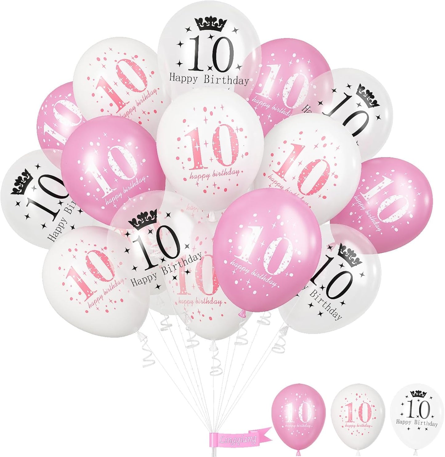 Pink White 10th Birthday Balloons, Pack of 15 Happy 10th Birthday Party Decorations for Her, 10th Birthday Latex Helium Balloons Set for Kids Age 10 Year Old Birthday Party Decorations Supplies