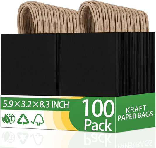 OEMVALATY 100 Pack 5.9x3.2x8.3 Inch Small Black Paper Bags with Handles Bulk, Kraft Paper Gift Bags for Birthday Party Favors Grocery Retail Business Shopping Goody Merchandise Craft Blank Bags