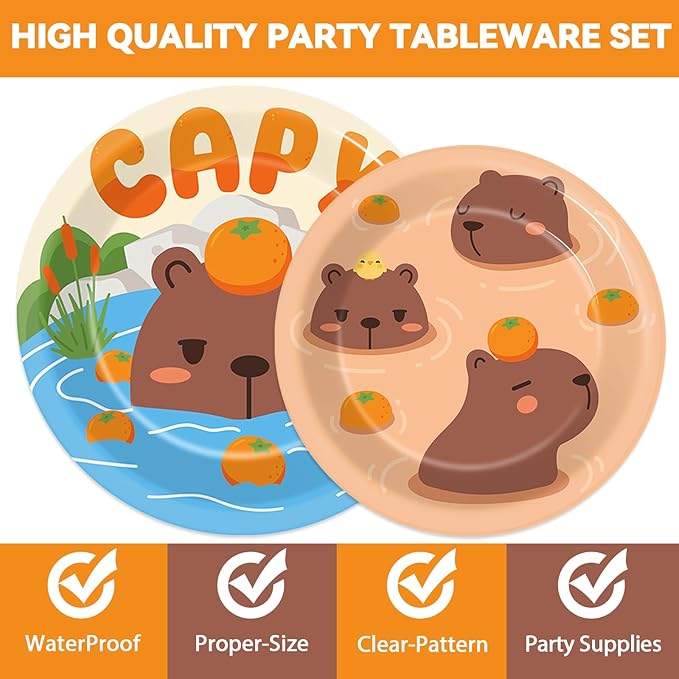 OBUSATT 96Pcs Capybara Birthday Party Supplies - Capybara Paper Plates, Napkins, Decorations, Zoo Pals Dinnerware, Party Favors, Cute Animal Tableware Serves 24