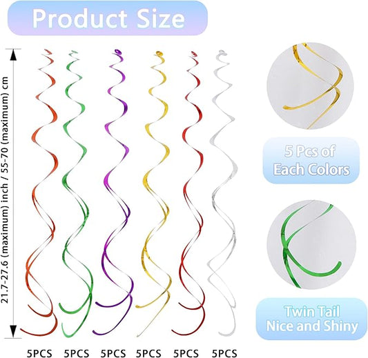BEISHIDA Blue Gold Silver Hanging Swirls Party Decorations Plastic Streamer for Ceiling, Birthday Weddings Christmas Fall Celebration Party Supplies, Pack of 30