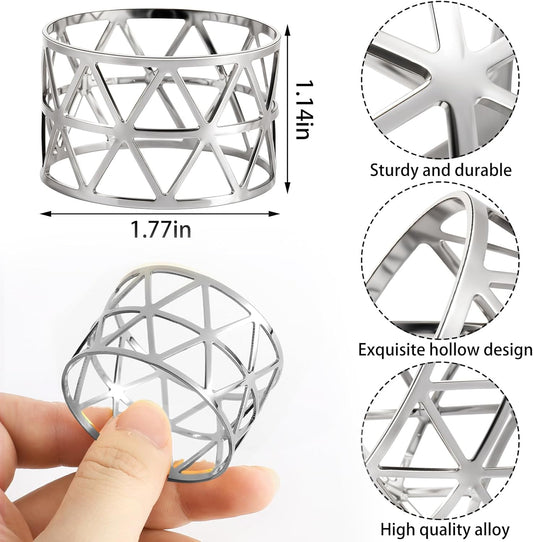 12Pcs Napkin Rings, Christmas Napkin Rings Set of 12, Metal Napkin Ring Set, Hollow Design Holiday Napkin Holders for Dining, Christmas Gathering, Table Setting Decoration, Wedding(Silver)