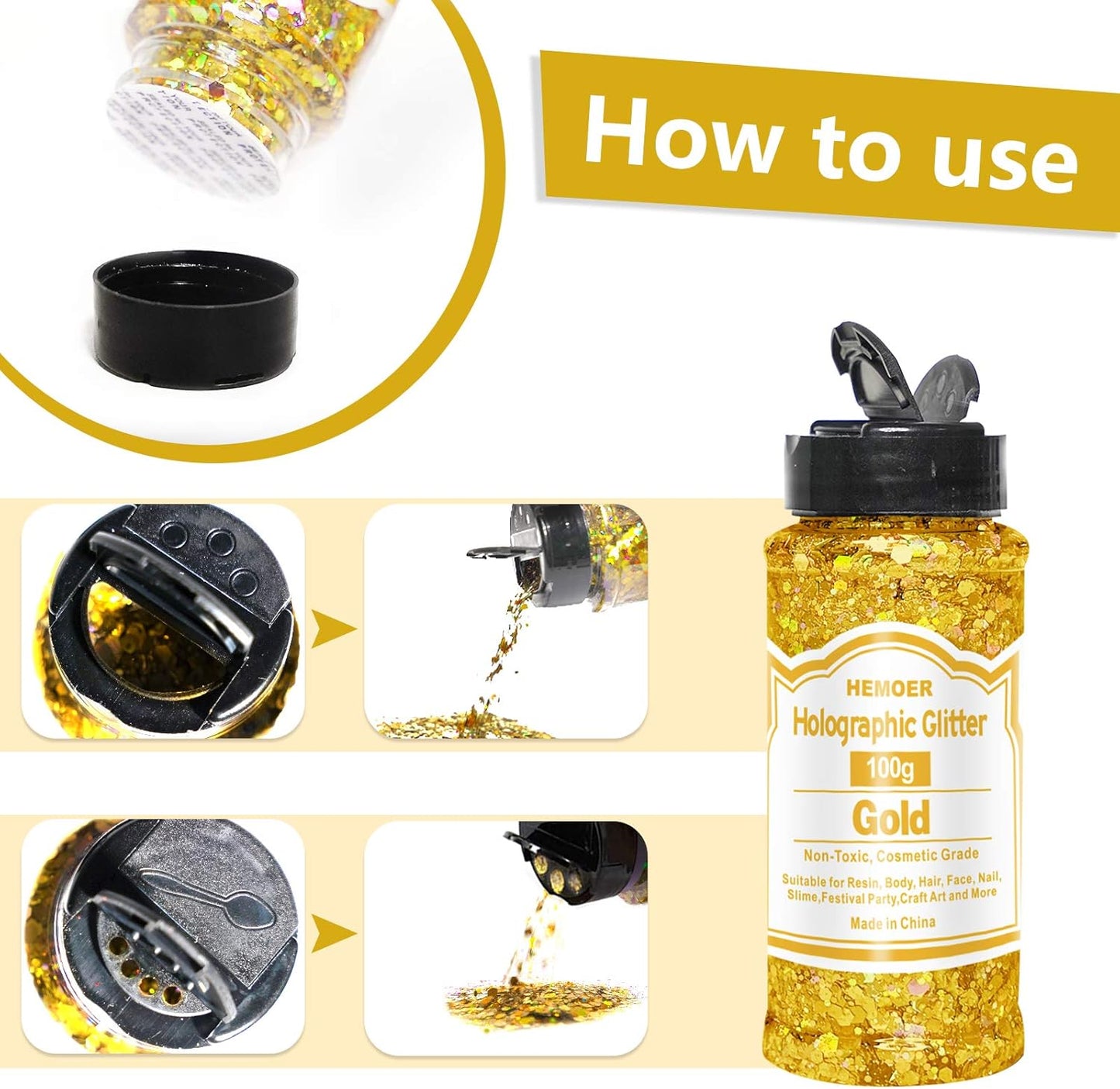 HEMOER Gold Glitter, 100g/3.5oz Holographic Chunky Glitter Mixed Hexagon Chunky & Fine Flakes Iridescent Sequins for Epoxy Crafts, Resin, Nail Body, Tumblers, Party Decoration
