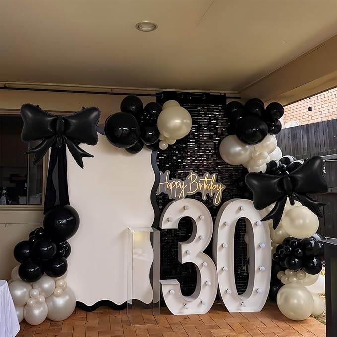 Black Bow Balloon Arch, Black White Coquette Birthday Decorations, Double Stuffed Pearl Sand White Ivory Black Balloon Garland with Foil Bow Balloons for Engagement Wedding Bridal Shower Bachelorette