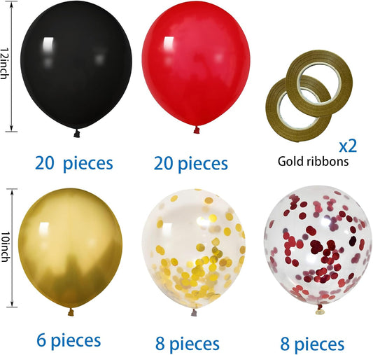 62 Pcs 12 Inch Black Red Gold Balloons Arch Kit, Red and Black Metallic Gold Confetti Party Balloons with Ribbons for Birthday, Wedding, Baby Shower, Graduation Decorations