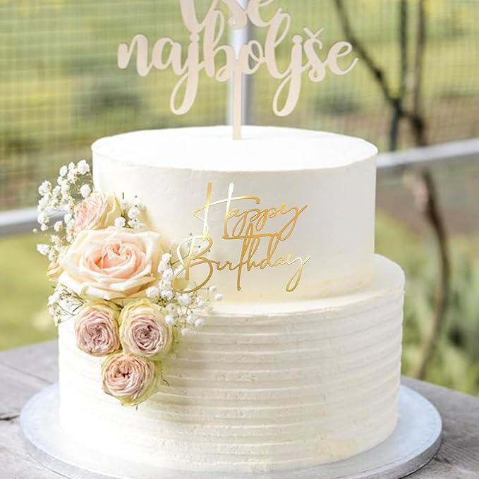 Rsstarxi 3 Pack Happy Birthday Cake Topper Personalized Acrylic Happy Birthday Sign Cake Pick for Men Women Boys Girls Birthday Party Cake Decorations Supplies Gold