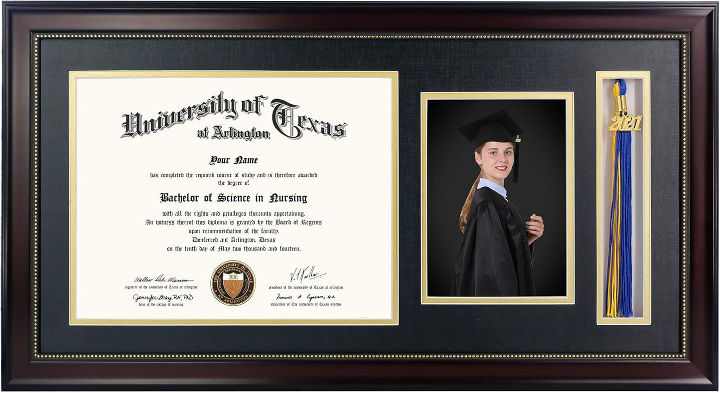 GraduationMall 11x22 Mahogany Diploma Frame with Tassel Holder and Picture for 8.5x11 Certificate 5x7 Photo,Real Glass,Black over Gold Mat