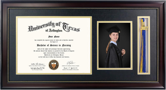 GraduationMall 11x22 Mahogany Diploma Frame with Tassel Holder and Picture for 8.5x11 Certificate 5x7 Photo,Real Glass,Black over Gold Mat
