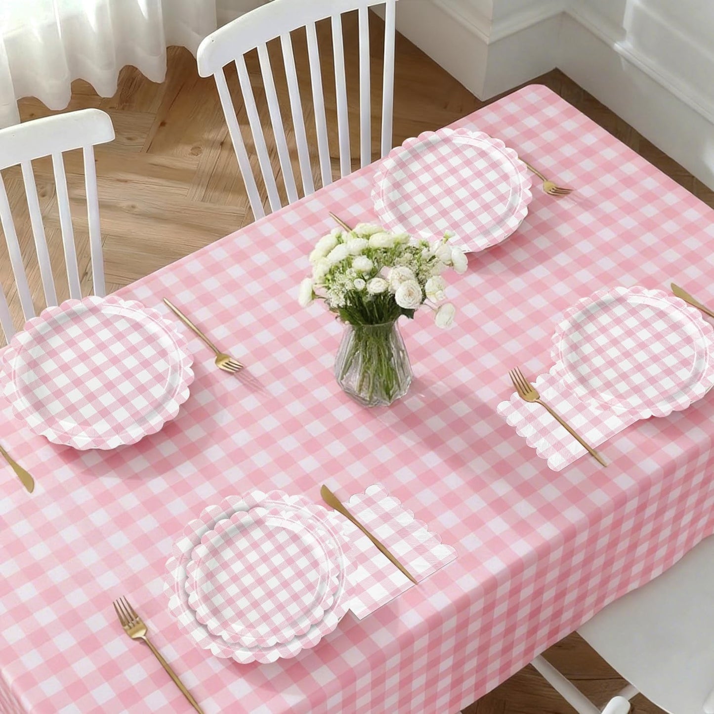 102 PCS Pink Gingham Party Supplies - Scalloped Plates, Napkins, Cups, Forks, Banner, Gingham Tablecloth for Baby Shower, Birthday, Pink Party Decorations, Serves 25