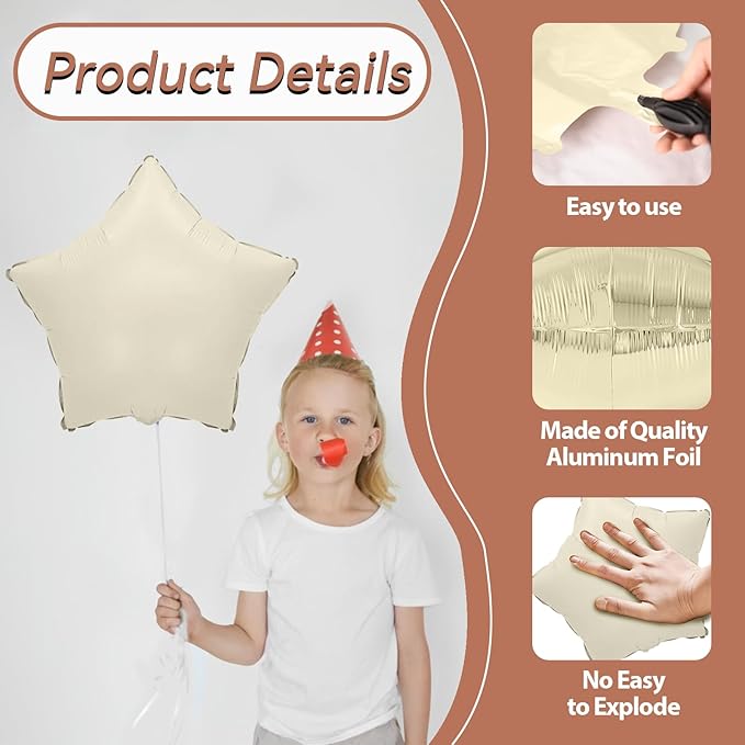 Brown Apricot Star Foil Balloons, 10PCS Foil Stars Shape Balloon, 18 Inch Coffee Cream Beige Star Balloons Helium for Birthday, Engagement, Baby Shower, Wedding, Nude Neutral Party Decoration