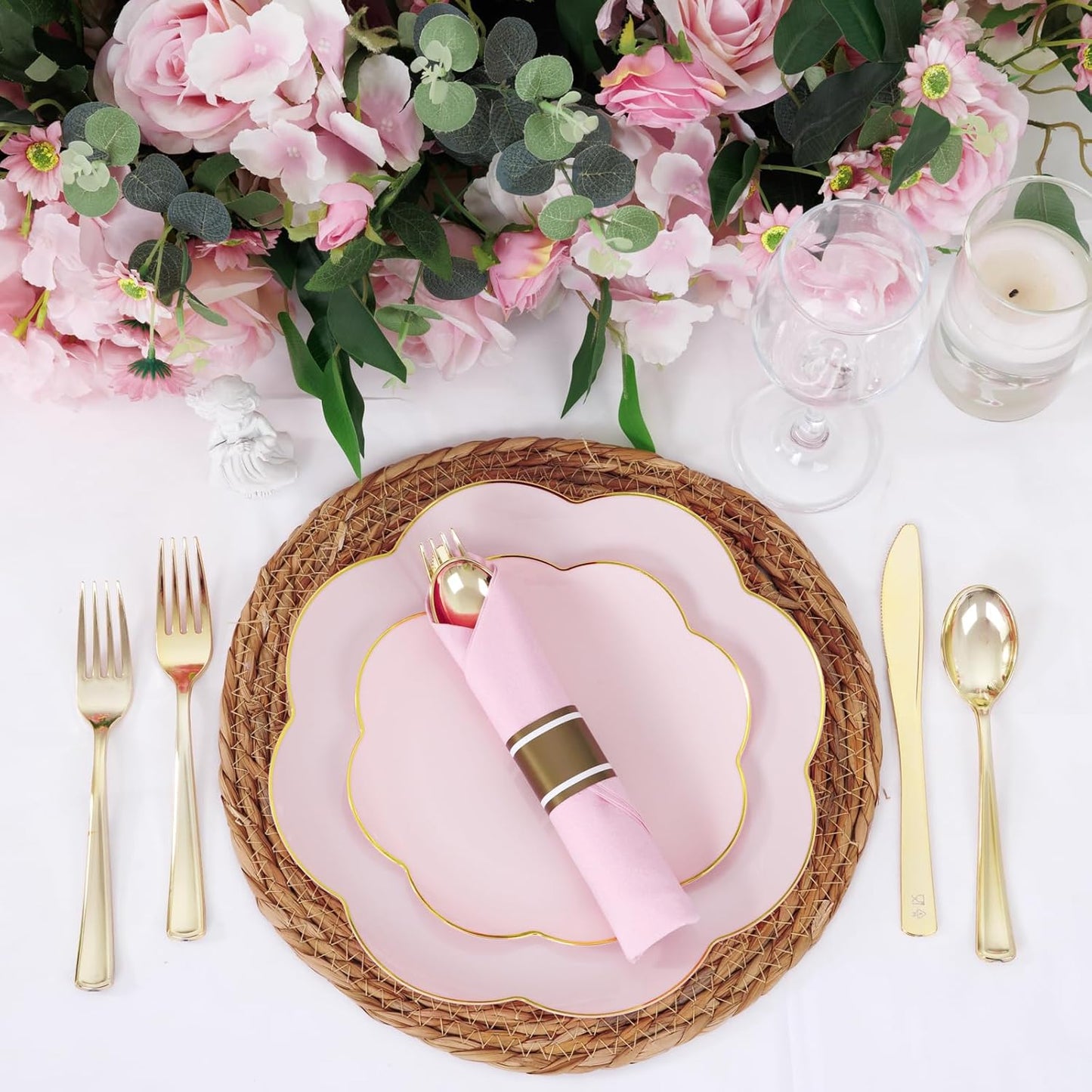 Supernal Gold Plastic Silverware Set with Pre Rolled Pink Napkin-Disposable Cutlery with Pink Linen Napkin Gold, Wrapped Plastic Silverware Heavy Duty Suit for Birthdays, Parties, Weddings 30Packs