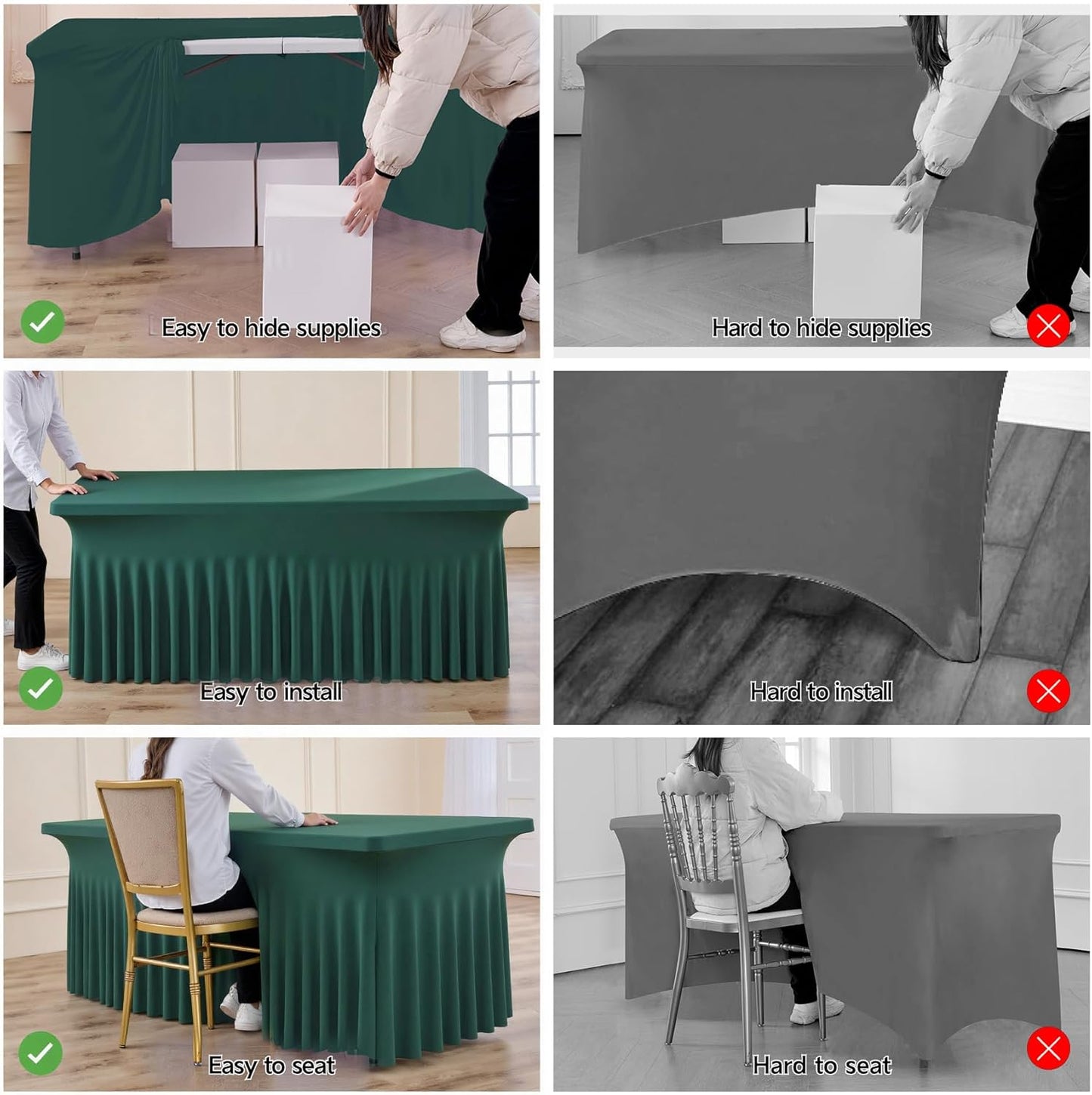 4 Pack Hunter Green Spandex Tablecloths for 8 Foot Rectangle Tables, Wrinkle Free Fitted Table Cloths 8ft Stretchy Table Cloth Cover with Skirt for Parties Weddings Birthday Banquet Baby Shower