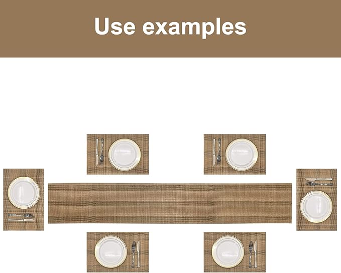 ANDSTAR 6 Pcs Natural Bamboo Placemat with Matching 1 Piece 12 x 72 Inch Table Runner Heat Resistant Oil-Proof Non-Slip Waterproof Easy to Clean Place Mats and Table Runner(Brown) …