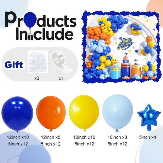 Navy Blue and Orange Garland Arch Kit, Orange and Yellow Balloons Light Baby Royal Blue with Foil Star Balloon for Kids Boys Baby Shower Birthday Graduation Gun Theme Party Decorations Supplies