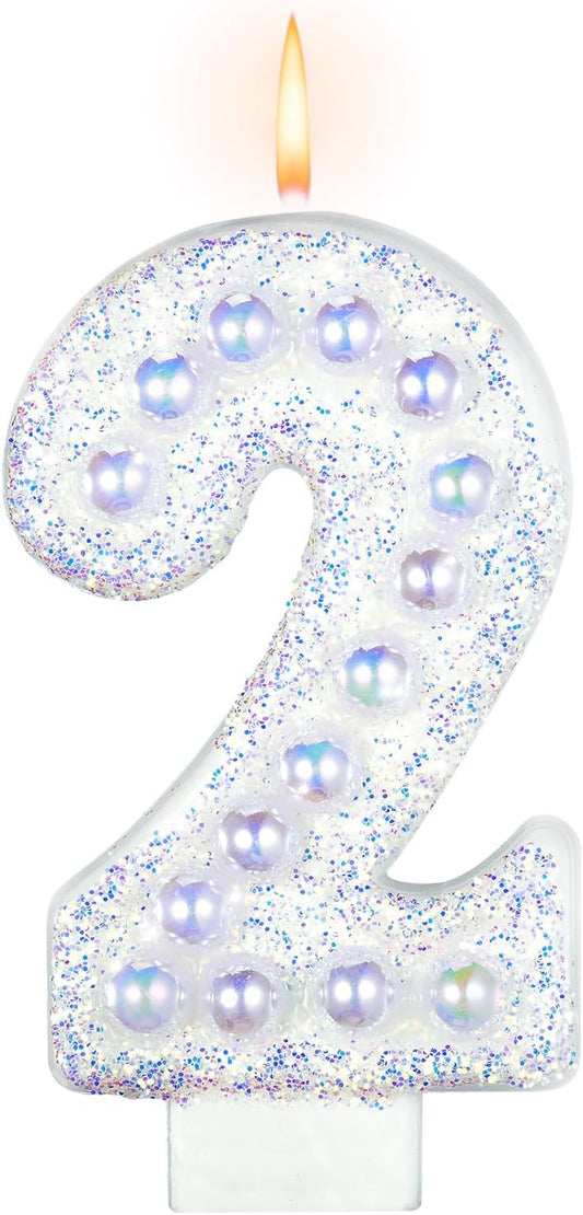 Birthday Candles, Number 2 Birthday Candle for Cake, Birthday Candles Sparklers with Holographic Colored Pearls, 3.35" Large Pearl Candles for Two Sweet Birthday Party Decoration Supplies