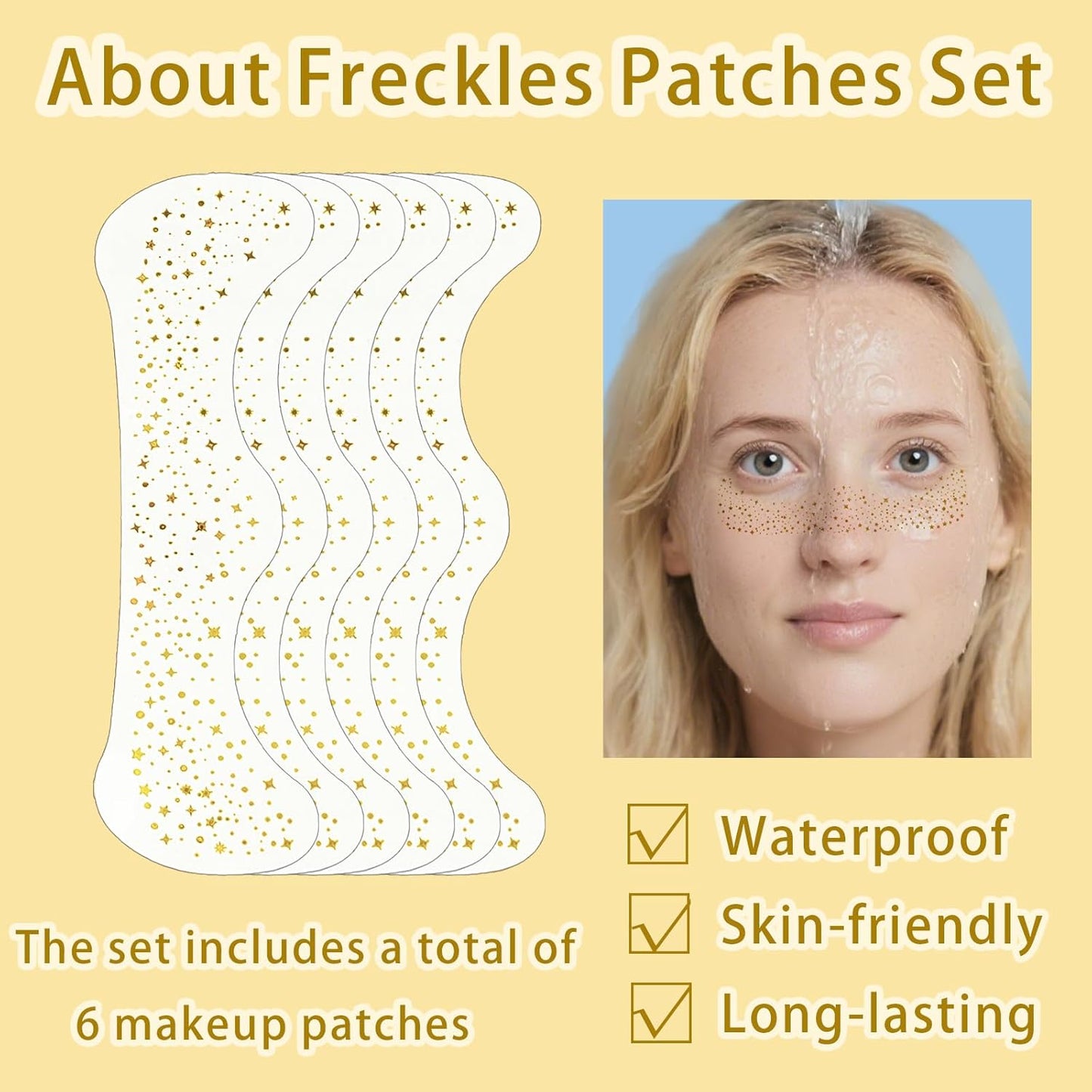 6Pcs Glitter Freckle Face Tattoo for Festival Makeup, Gold Star Waterproof Self Adhesive Spots Stickers, Sparkle Freckles Skin Decor Body Tattoos for Parties(Gold)