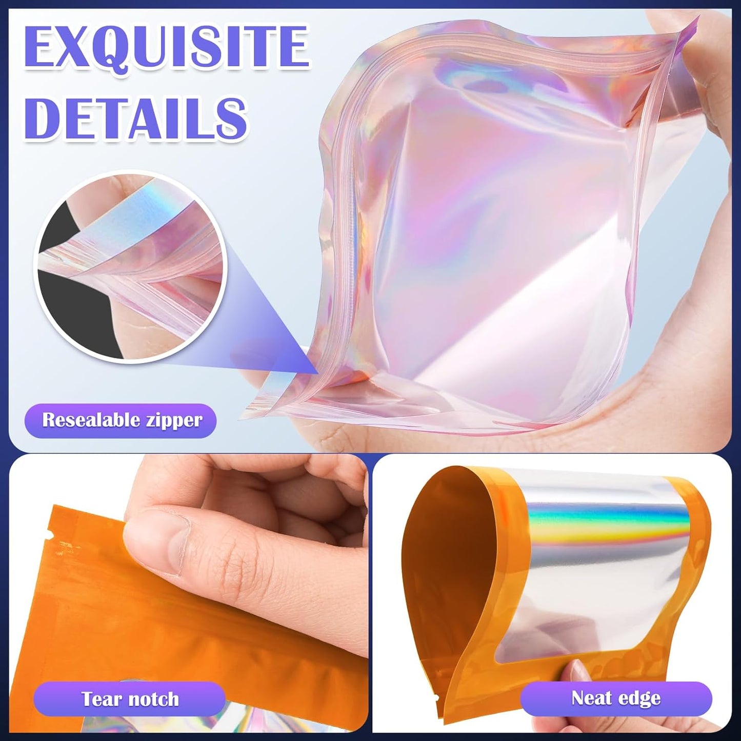 100 Pcs Mylar Bags, Smell Proof Bags Foil Pouch, Holographic Resealable Bags for Small Business, Candy Sample Jewelry Bag Sealable Packaging for Party Favor Food Storage (2.4x3.9in-Orange)