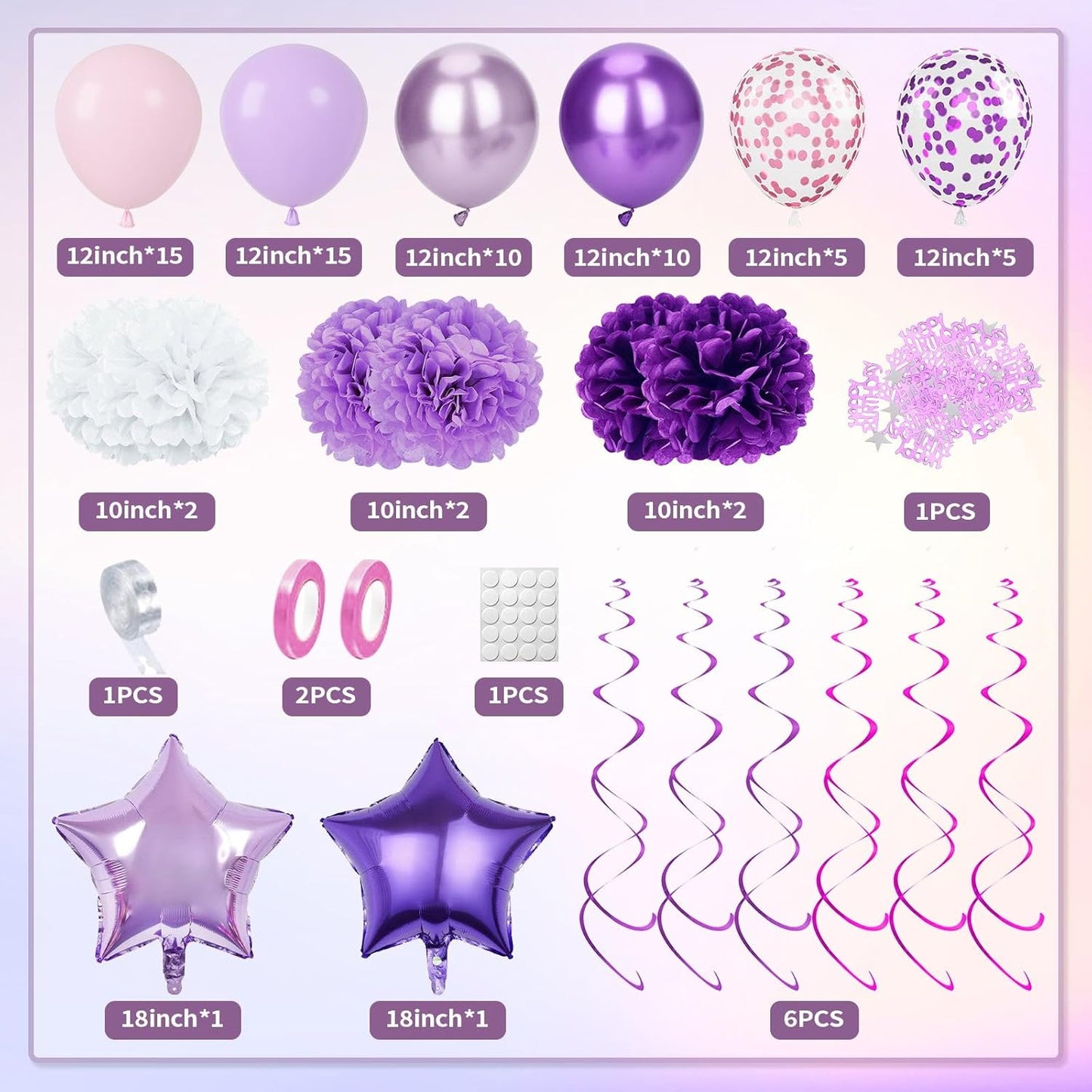 Purple Birthday Decorations, Purple Party Decorations with Balloons Happy Birthday Banner Bday Sash and Crown Tablecloth Fringe Curtain Paper Pom Poms for Women Girls Bday Decor