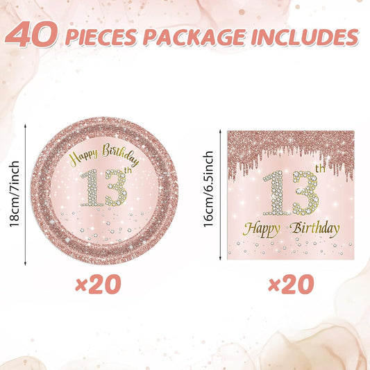 13th Birthday Party Decorations for Girls Pink Rose Gold Birth Theme Supplies Include 20 Plates 20 Napkins Sweet Thirteen Year Old Birthday Party Tableware for Girls Kids Children