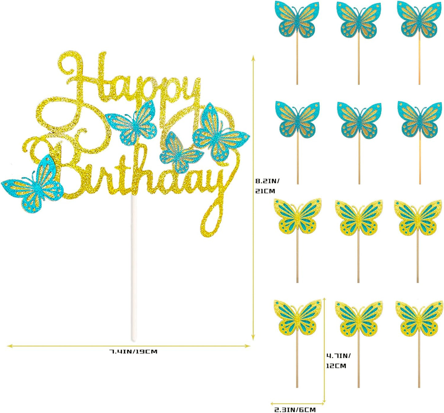 13 Pieces Green Gold Butterfly Cake Toppers 3D Butterfly Cupcake Topper for Girls