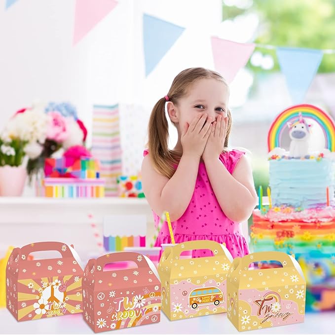 MIKIMIQI 12 PCS Groovy Boho Rainbow Hippie Party Decorations Boxes - Retro Daisy Party Gift Bags for Girls 2nd Birthday