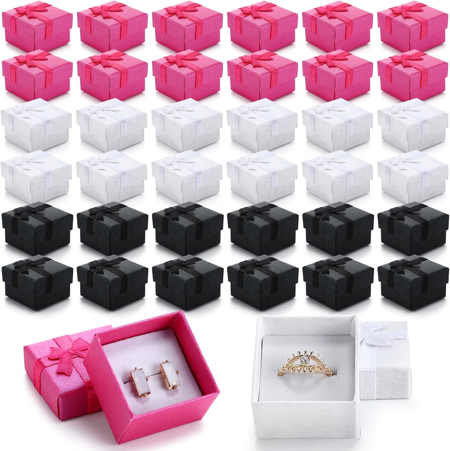 Bucherry 72 Pcs Ring Boxes 1.6 x 1.6 In Hard Cardboard Jewelry Box with Ribbon Bow Small Jewelry Gift Cases for Small Business (Classic Colors)