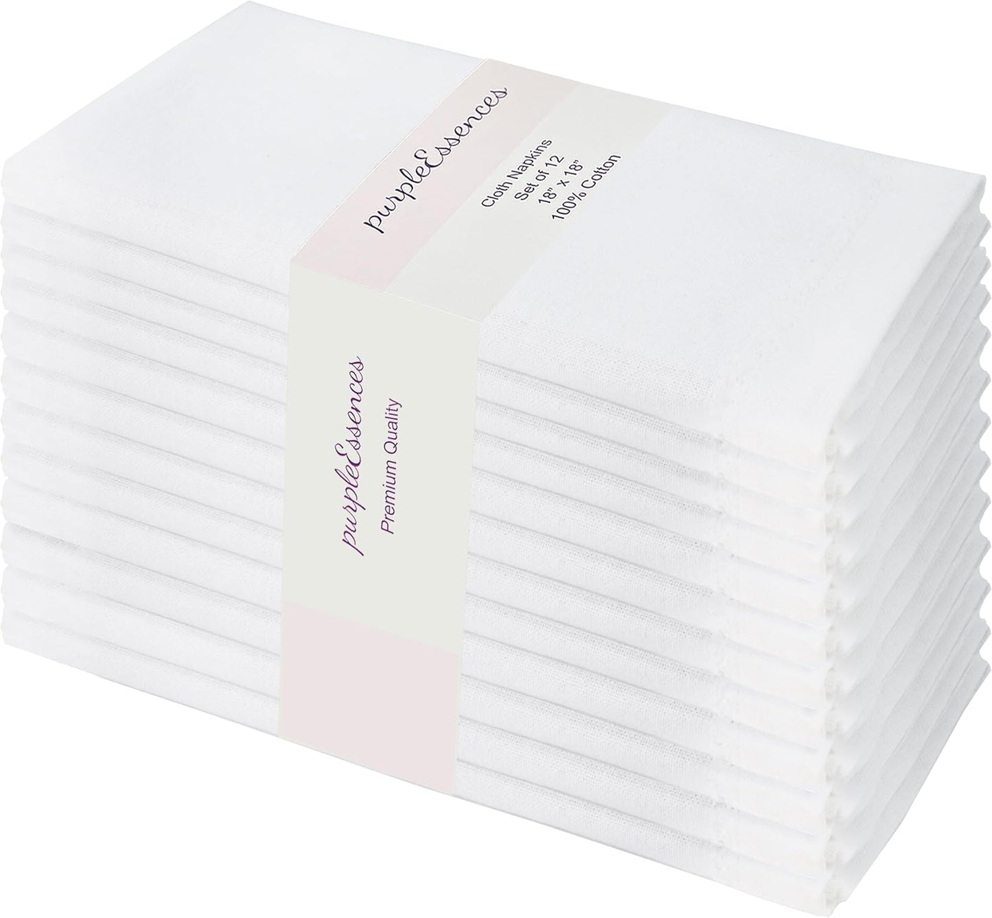 PurpleEssences Set of 12 Cloth Dinner Napkins 100% Cotton 18x18 Inch - Soft Durable Washable - Ideal for Farmhouse Party Spring Summer - Perfect Everyday Use Table Linen - White