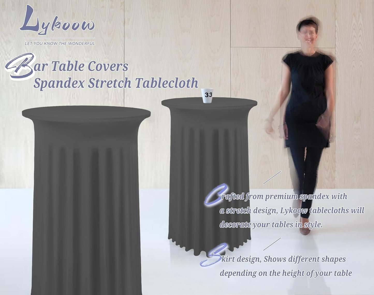 3 Pack Round Bar Table Cloths, Grey Spandex Table Covers 32"x 43", High Top with Wavy Drapes for Party Wedding Banquet