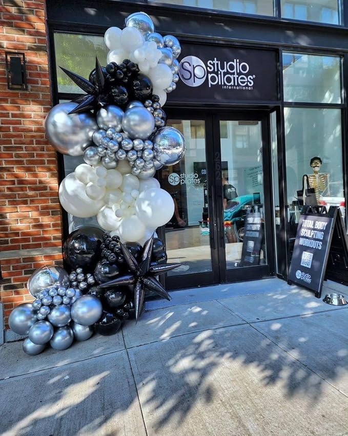 153Pcs Black and Silver White Balloon Garland Arch Kit with Stars, 22 18 12 10 5 inch Disco Ball Balloons Black White Metallic Silver Confetti Balloon for Birthday Graduation Party Decorations