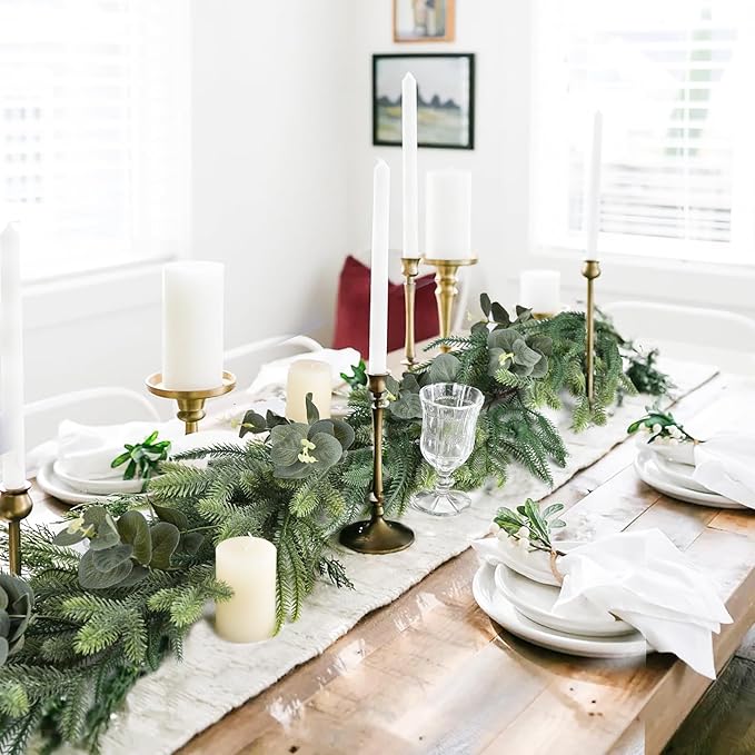 DearHouse Pine Garland Christmas Decoration, Artificial Greenery Garland Norfolk Pine Leaves and Eucalyptus for Holiday Season Mantel Fireplace Table Runner Centerpiece (Pine Garland with Eucalyptus)