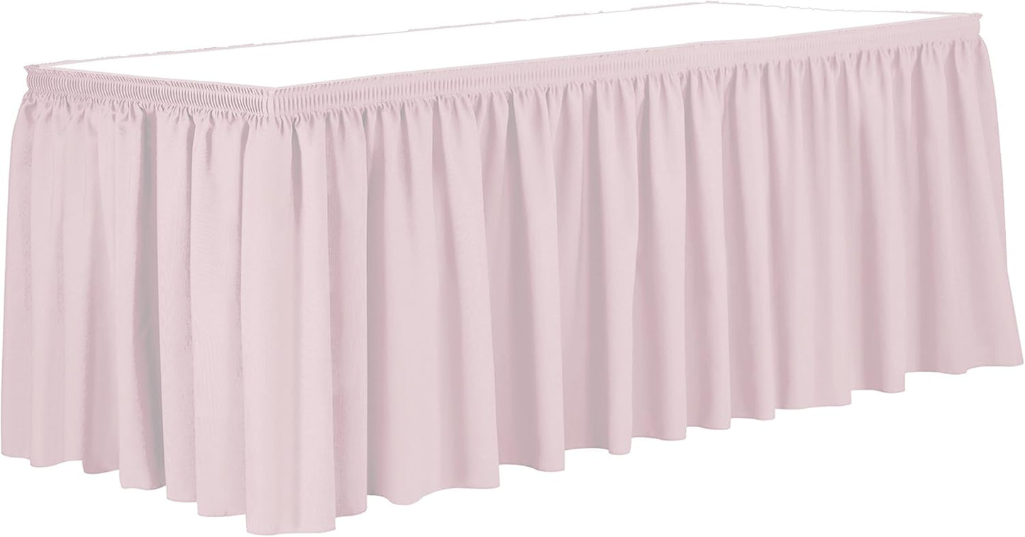 Ultimate Textile Pleat Polyester Fabric Table Skirt - Machine Washable, Flame Resistant, Cut & Sewn in NJ, Desk Skirt - Ice Pink, 7' Shirred Pleat x 42" h
