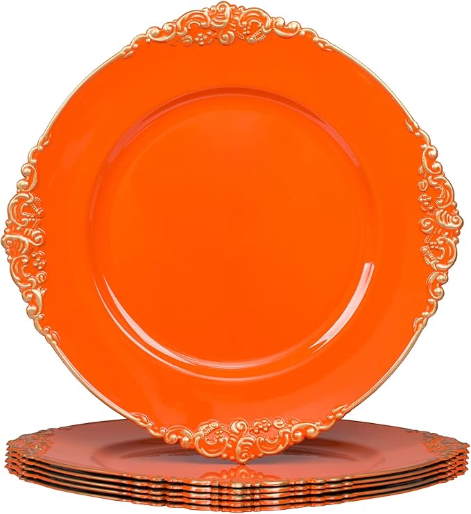 MAONAME Orange Charger Plates with Gold Rim, Round Antique Plate Chargers for Dinner Plates, 13" Plastic Charger for Wedding Table Setting, Set of 6