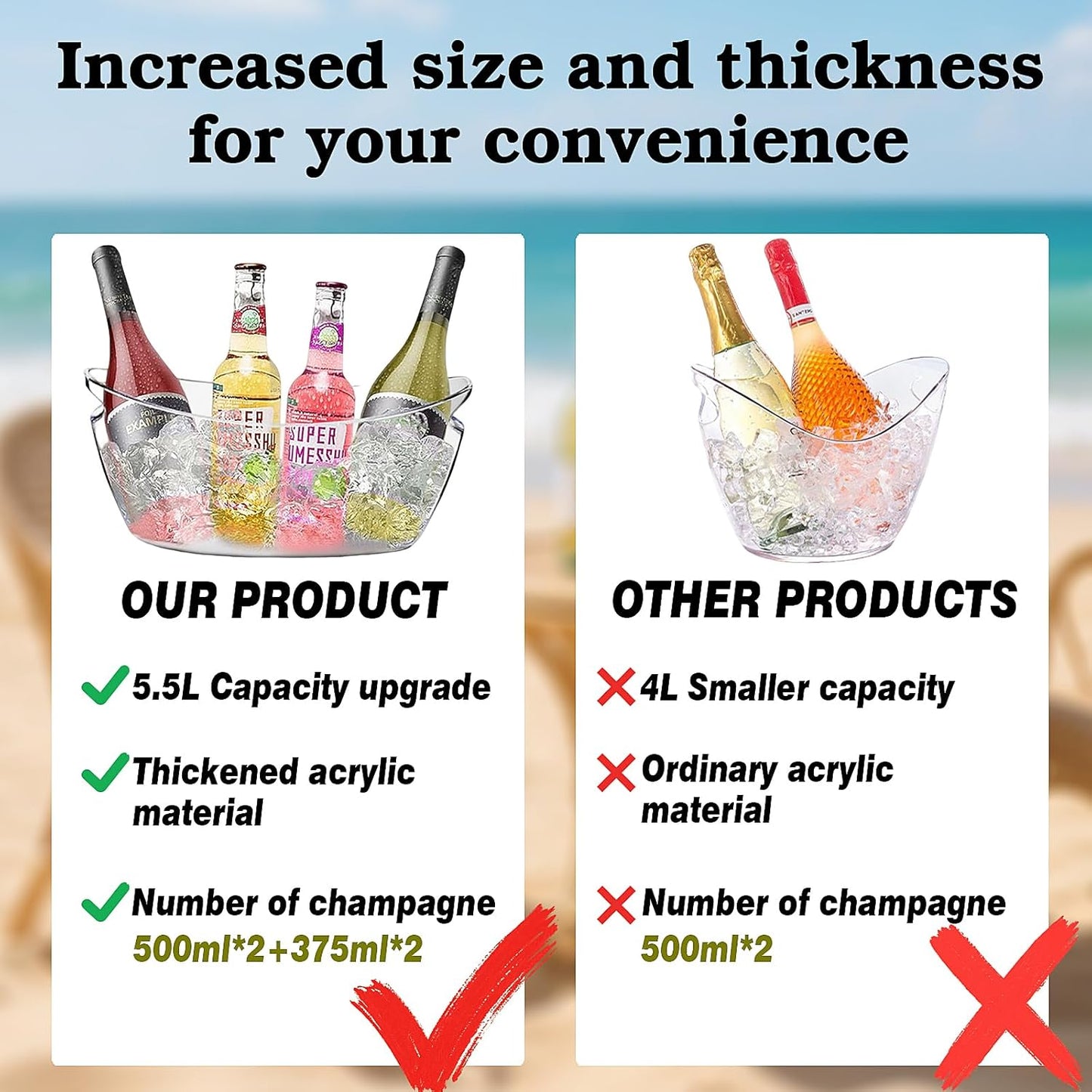 Ice Buckets for Parties,Ice Bucket Bowls of 2pcs with Scoops(2pcs)&Metal Wine Bottle Opener&Ice Clip(2pcs),5.5L Large Clear Acrylic Ice Champagne Buckets Tub for Parties,Mimosa Bar Supplies,Beer